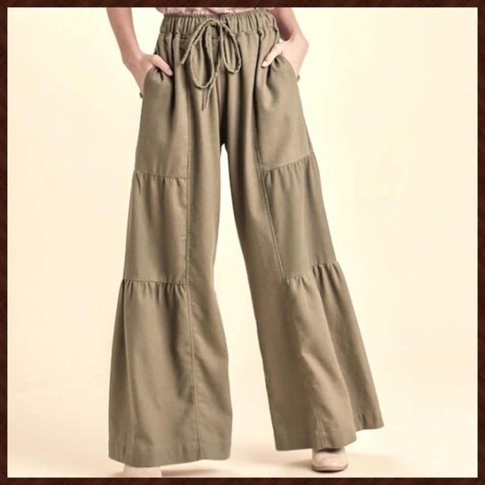 UMGEE Side Tiered Wide Flared Leg Pants Elasticized Waist, Drawstring & Pockets - Picture 12 of 16